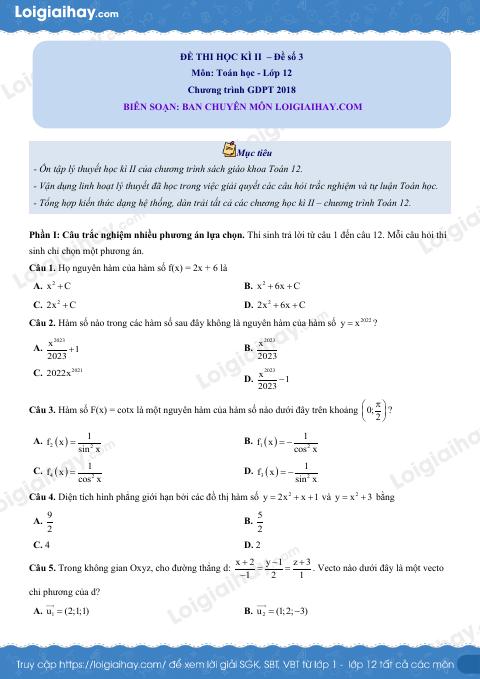 Đề thi học kì 2 Toán 12 Cánh diều - Đề số 3